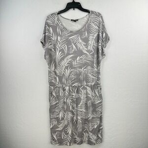 Hilary Radley Shift Dress Womens Large Gray White‎ Leaf Drawstring Waist Stretch